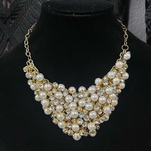 Graziano GoldTone Faux Pearl and Crystals Bold Statement Necklace 20”